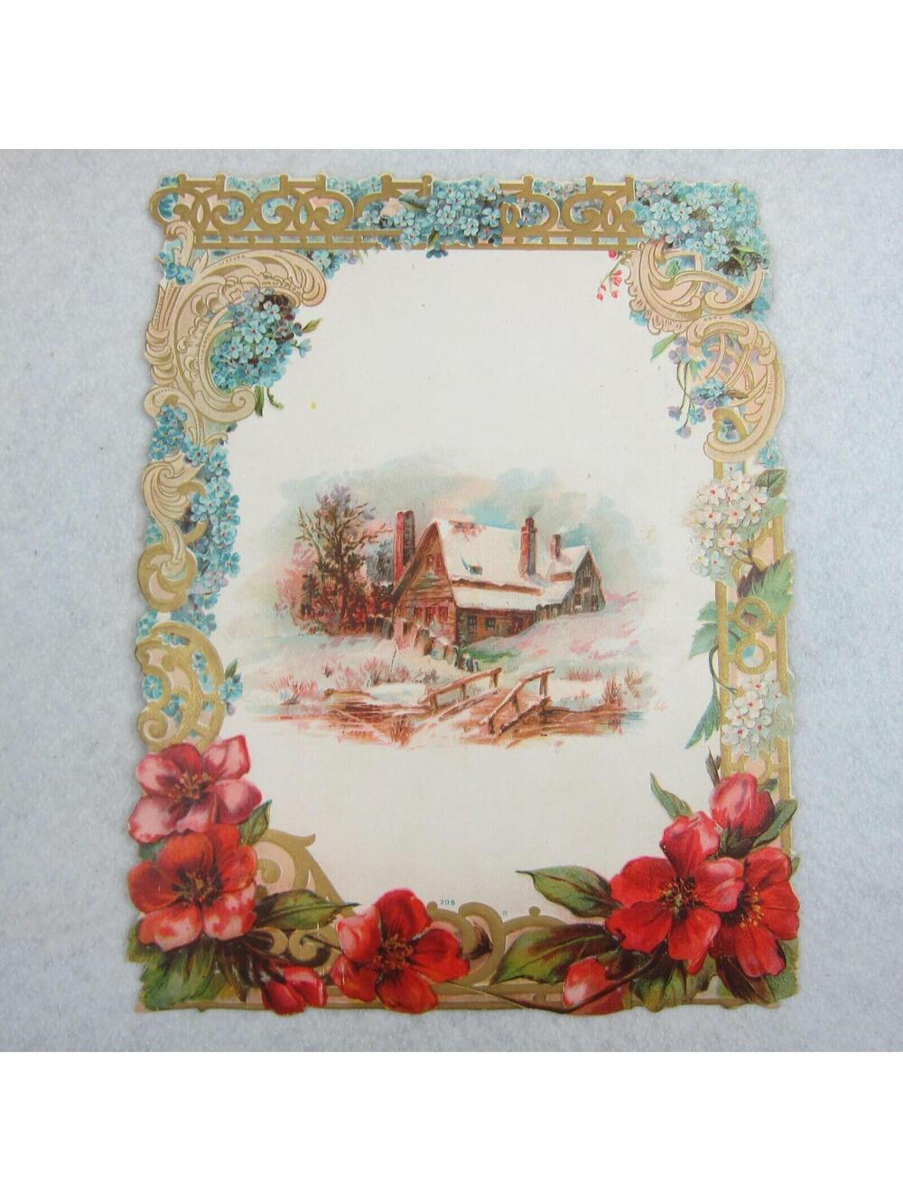 Antique Victorian Card Cabin Winter Snow Bridge Blue White Red Flowers Gold